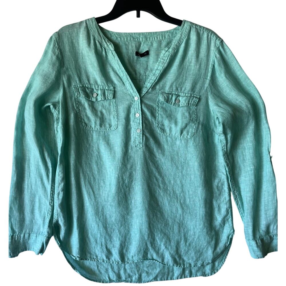 Talbots Linen Blend Tunic Top Women Blue Aqua green Spring Summer Beach Medium